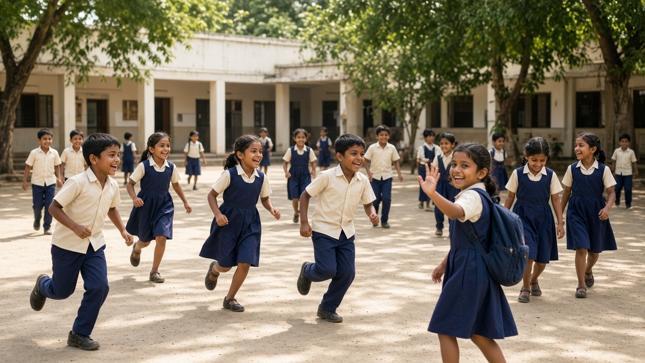 Education — children in uniform running in a school courtyard