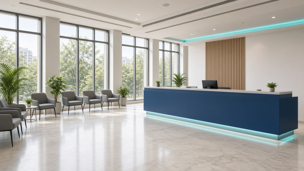 Healthcare — day-hospital lobby with a blue reception desk