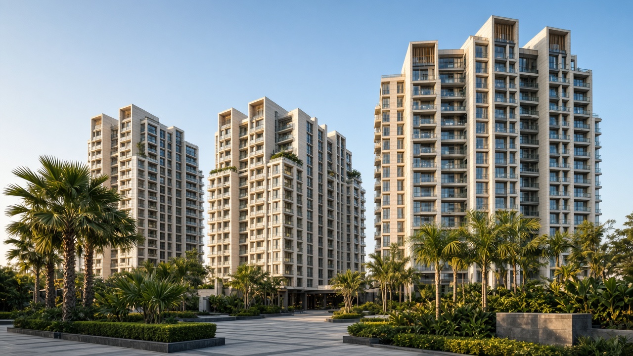 Real estate — residential towers with a landscaped forecourt