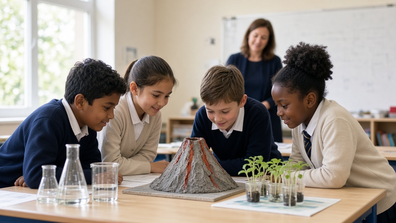 Children gathered around a volcano model and seedlings in class