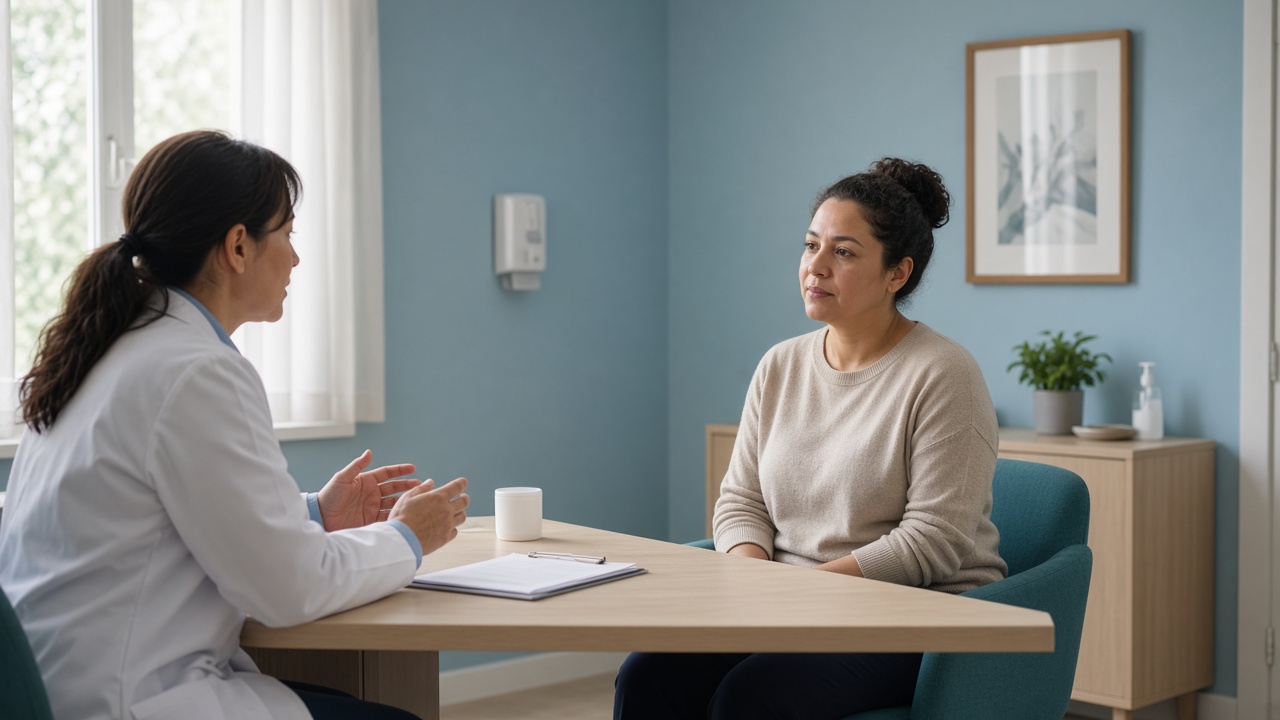 A doctor speaking with a patient in a consultation room