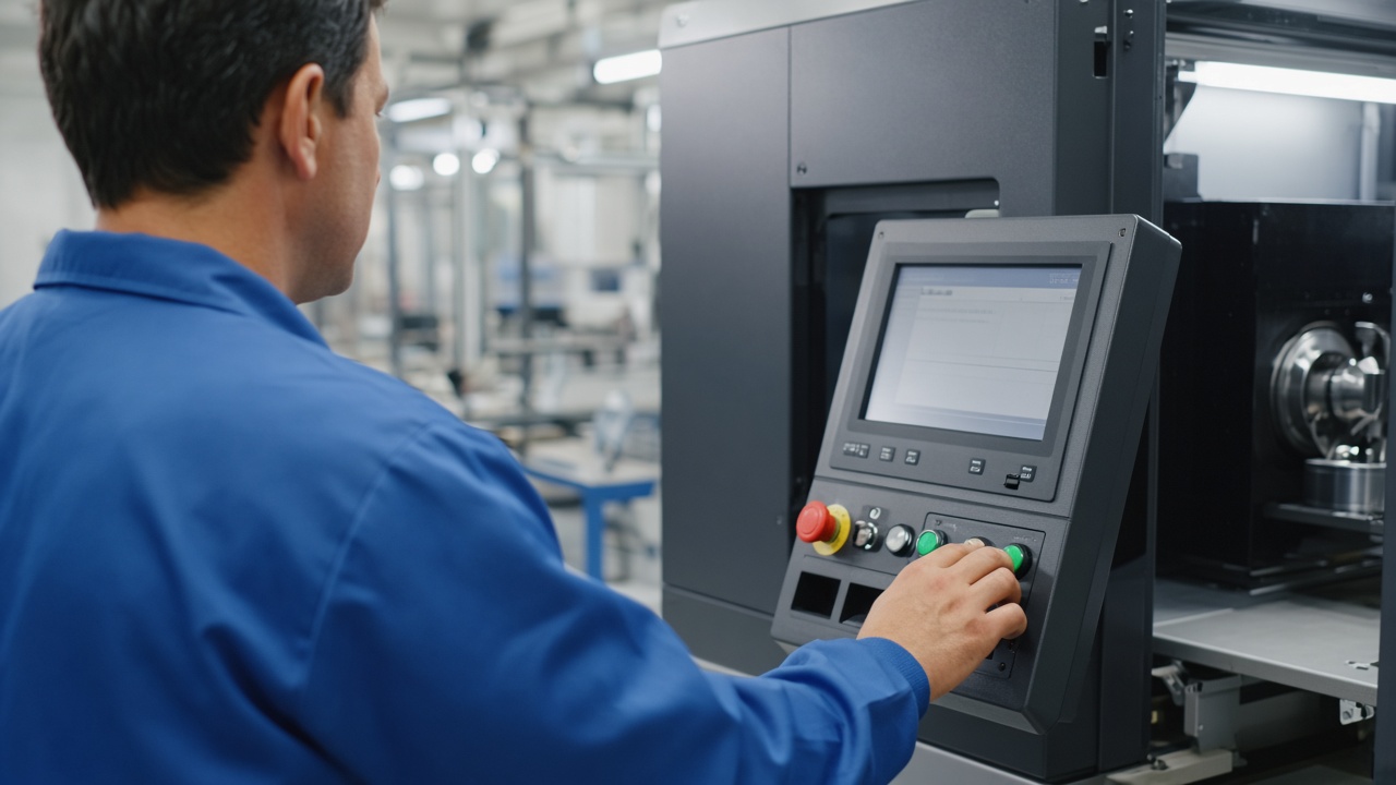 Engineer operating a laser marking machine