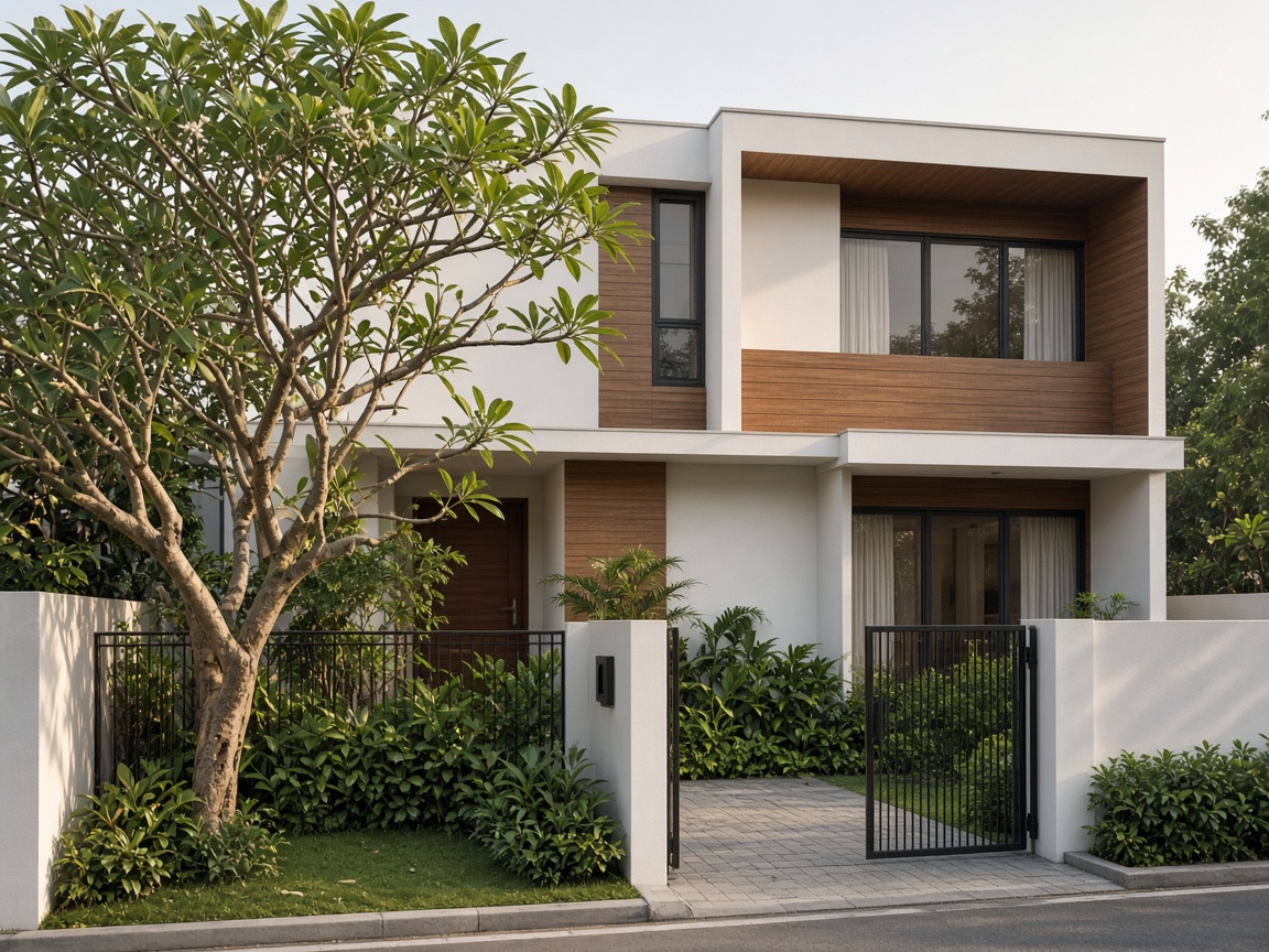 A two-storey white and timber house behind a garden gate