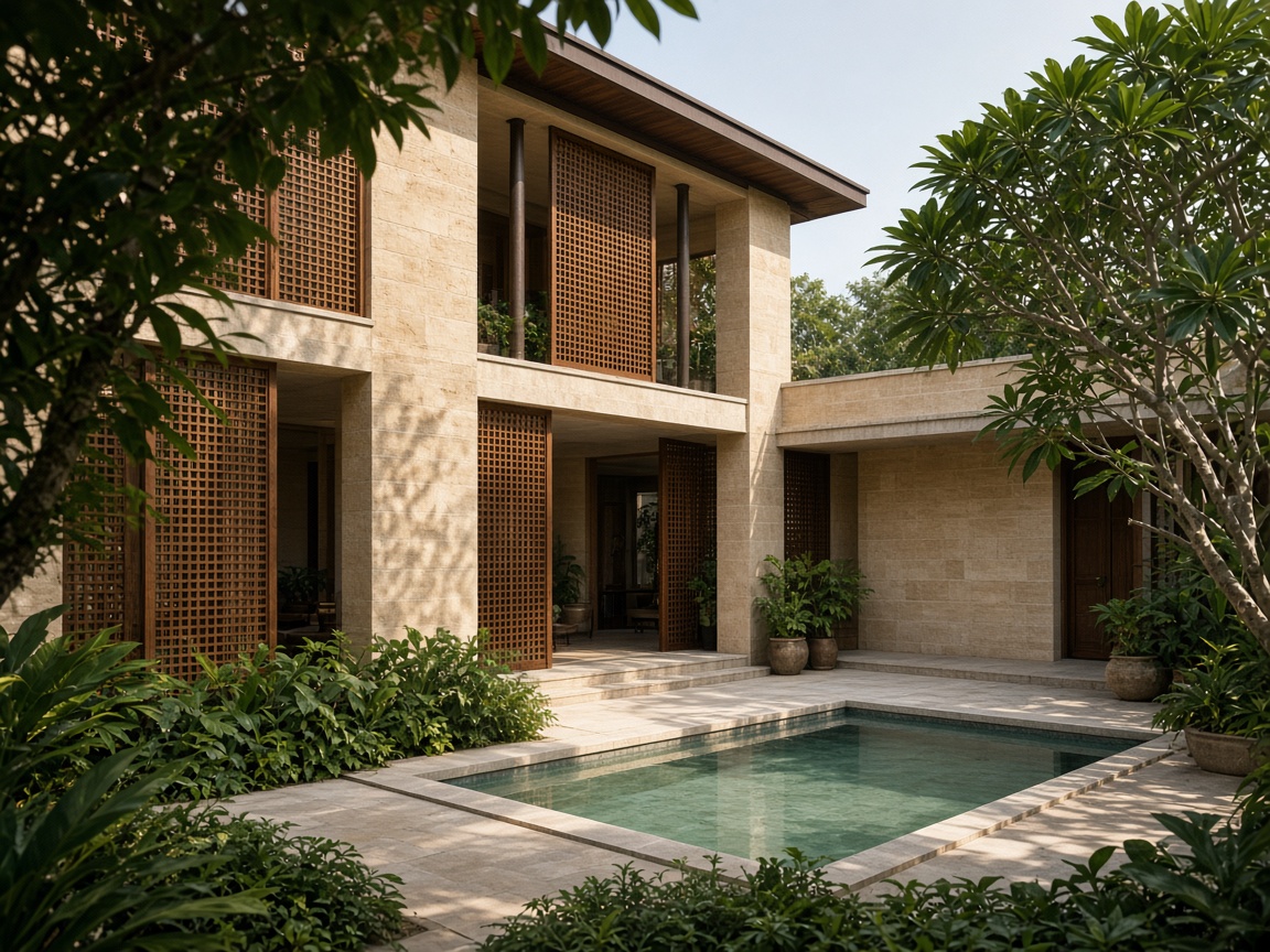 A limestone villa with a courtyard pool and teak screens