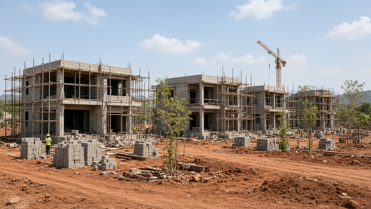 Two-storey villa frames with scaffolding on red soil