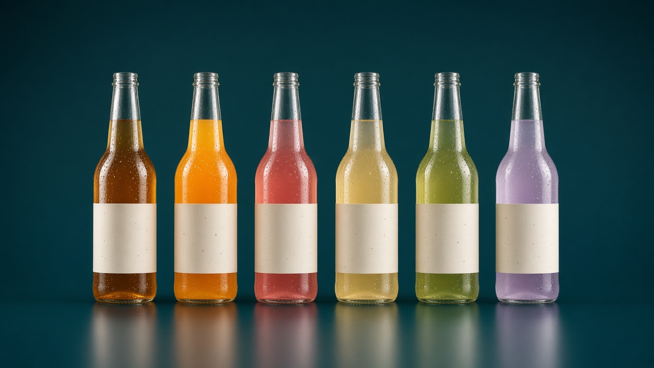 Six glass bottles of colourful zero-proof drinks on a teal background